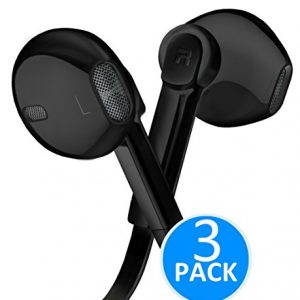Headphones – In-Ear HD Stereo Noise Cancelling Sweatproof Sport Earphones Earbuds Flat Wired with Apple iOS Samsung and Android Compatible Microphone and Remote (Black 3-Pack)